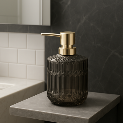 Distributeur de Savon Premium Verre Texturé & Or | Design Luxe pour Salle de Bain Élégante