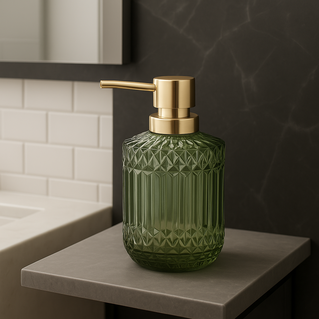 Distributeur de Savon Premium Verre Texturé & Or | Design Luxe pour Salle de Bain Élégante
