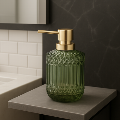 Distributeur de Savon Premium Verre Texturé & Or | Design Luxe pour Salle de Bain Élégante