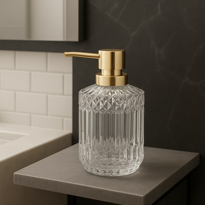 Distributeur de Savon Premium Verre Texturé & Or | Design Luxe pour Salle de Bain Élégante